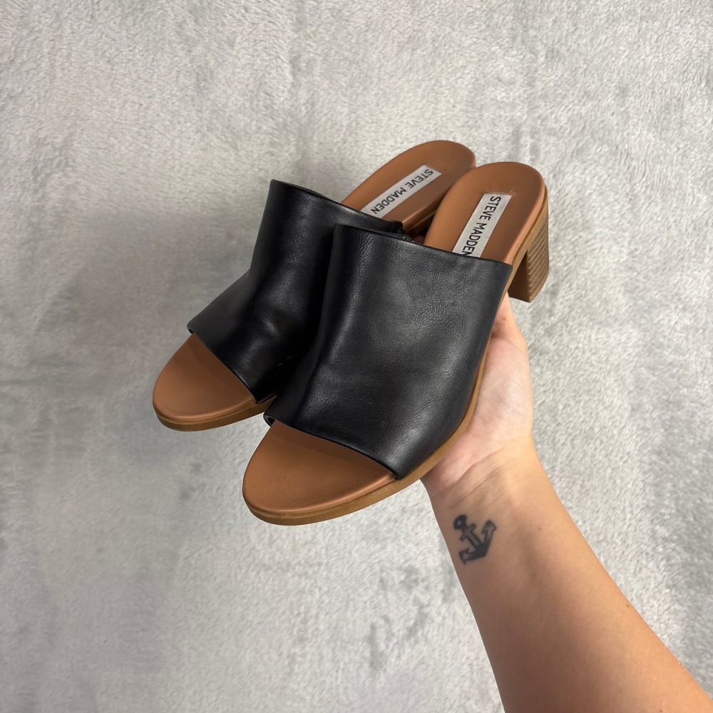 Steve Madden Kagey Black Faux Leather Open‎ Toe Block Heel Mules Sandals 7.5M
